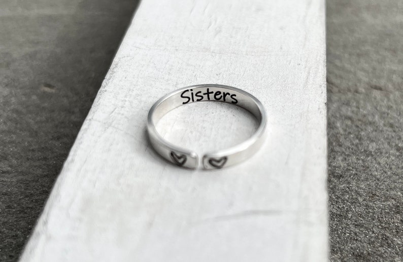 Sisters Ring, Rings for Sisters, Personalized Sister Ring, Sterling Silver Adjustable Ring, Gift for Sister, Best Friend Jewelry, Heart Ring image 2
