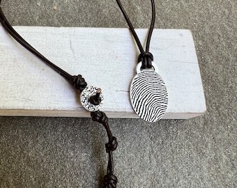 Fingerprint Necklace with Adjustable Leather Cord, Thumbprint, Handwriting, Personalized Jewelry, Sympathy Gift Rustic Style, Memorial