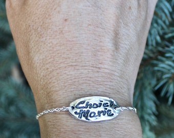 Two Sided Handwriting Bracelet in Sterling Silver, Adjustable length with slider chain in sterling silver