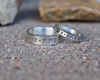 Anniversary Ring for Couples, Couple's Rings, Solid Sterling Silver Bands, Roman Numeral Date Anniversary Ring, Father’s Day gift idea