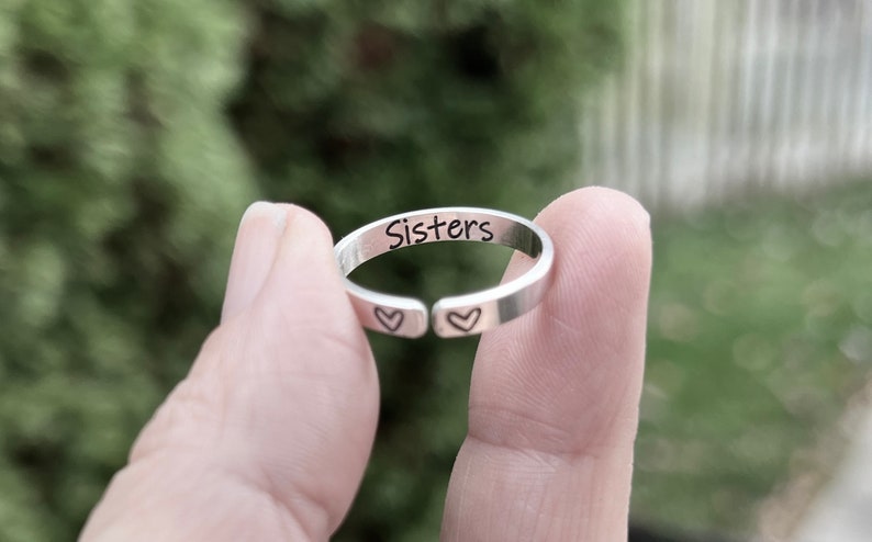 Sisters Ring, Rings for Sisters, Personalized Sister Ring, Sterling Silver Adjustable Ring, Gift for Sister, Best Friend Jewelry, Heart Ring image 1