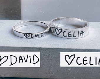 Couple&#39;s Ring Set, Handwriting Rings for Couples, Husband and Wife Rings, Boyfriend Ring, Girlfriend Ring, Handwritten Messages
