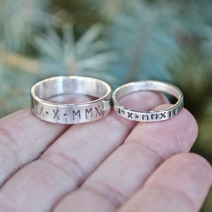 Couples Anniversary Ring, Couple's Rings, Solid Sterling Silver Bands, Man and Woman Anniversary Ring, Unisex Anniversary Rings, Roman Date
