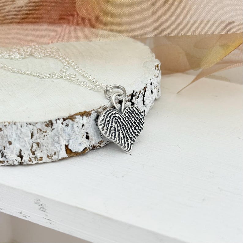 Fingerprint Heart Charm - Tangible Thumbprint Pendant - Pure Silver Memorial Sympathy Necklace | Woman Owned Small Business-Handmade in USA image 3