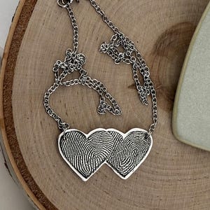 Two Fingerprints Heart Necklace, Pure Silver Double Thumbprint Stationary Charm, Handmade in the USA, Woman Owned Small Business image 13
