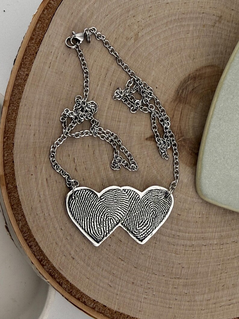 Two Fingerprints Heart Necklace, Pure Silver Double Thumbprint Stationary Charm, Handmade in the USA, Woman Owned Small Business image 13