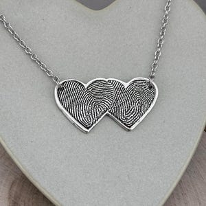 Two Fingerprints Heart Necklace, Pure Silver Double Thumbprint Stationary Charm, Handmade in the USA, Woman Owned Small Business image 5