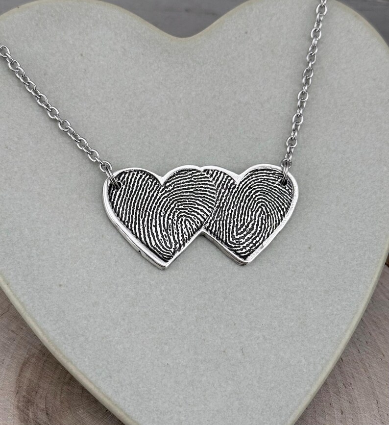 Two Fingerprints Heart Necklace, Pure Silver Double Thumbprint Stationary Charm, Handmade in the USA, Woman Owned Small Business image 5