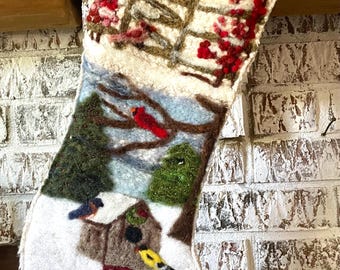 Repurposed thrifted sweater Christmas stocking. Hand needle felted winter birds and birdhouse designs