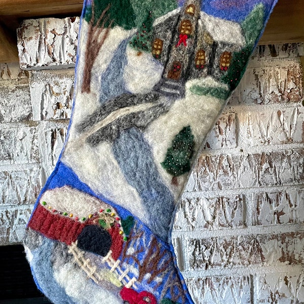 Repurposed sweater Christmas stocking with church and covered bridge