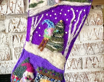 Purple wool Christmas stocking with gnomes