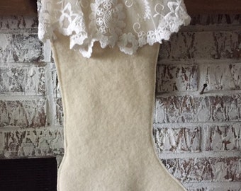Repurposed white wool sweater and lace vintage Christmas stocking