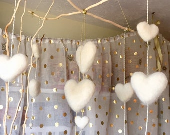 Needle felted white wool heart mobile