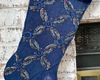 Repurposed deep blue beaded wool Christmas stocking