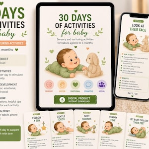 Peut inclure: Produit numérique pour activités bébé. L'image montre une tablette et un téléphone affichant "30 jours d'activités pour bébé" avec des illustrations d'un bébé et d'un jouet. Comprend des cartes d'activités.