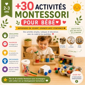 Può includere: Un colorato set di attività Montessori educative per neonati e bambini piccoli. L'immagine mostra un bambino che gioca con vari giocattoli, tra cui tubi di cartone, palline colorate e un'auto piccola. Il testo sull'immagine recita "+30 Attività Montessori per Bambini".