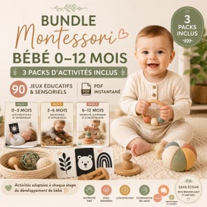 Könnte beinhalten: Ein Baby hält ein Holzspielzeug, umgeben von Lernspielzeug und Karten. Das Bild zeigt ein Montessori-Baby-Aktivitäten-Paket für Babys im Alter von 0-12 Monaten, einschließlich 90 Lern- und Sinnesspielen. Der Text enthält "Bundle Montessori Bébé 0-12 mois".