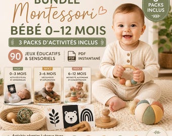 Paquete de actividades para bebés de 0 a 12 meses | 90 juegos Montessori | 3 paquetes en PDF | Desarrollo sensorial y motricidad | Regalo para baby shower | Descargar