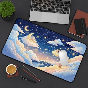 Podkładka pod mysz Kawaii Cloud | Marzycielska pastelowa podkładka pod mysz Night Sky | Urocza podkładka gamingowa Sleeping Bunny | Przytulne biurko | Niebiańska podkładka pod klawiaturę