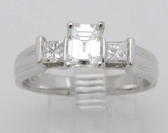 14K White Gold Three-Stone 1.15 ct Emerald Cut Diamond Engagement Ring F-VVS