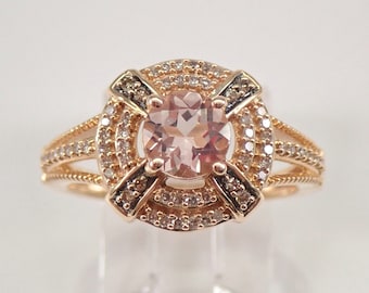 14K Rose Gold Morganite Ring - Fancy Brown Diamond Halo Setting - Pink Gemstone Fine Jewelry Gift