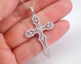 Genuine Diamond Cross Pendant - Solid White Gold Religious Necklace - Genuine Natural Victorian Style Cross Charm and Chain