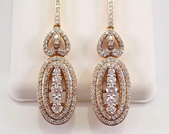 14K Yellow Gold 1.00 ct Diamond Dangle Drop Cluster Earrings Wedding Gift