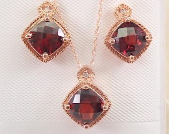 Genuine Garnet Pendant and Earrings Set - Rose Gold 18 inch Pendant Chain - January Birthstone Jewelry Gift