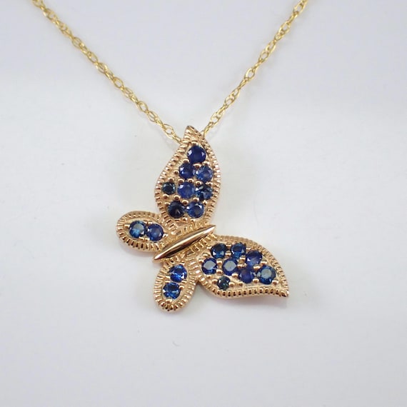 Yellow Gold Sapphire Butterfly Necklace - Dainty Gemstone Pendant and Chain - Unique Birthstone Charm Jewelry Gift