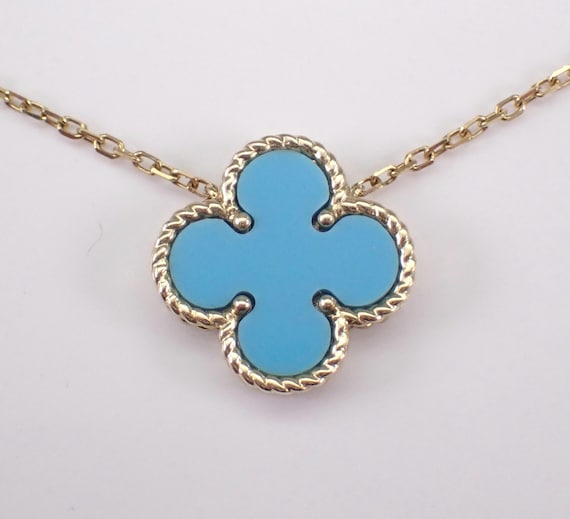 14K Yellow Gold Turquoise Charm Necklace: Reversible Clover Station Pendant and Chain