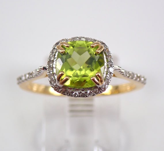 Cushion Cut Peridot Engagement Ring - Yellow Gold Diamond Halo Setting - August Birthstone Jewelry