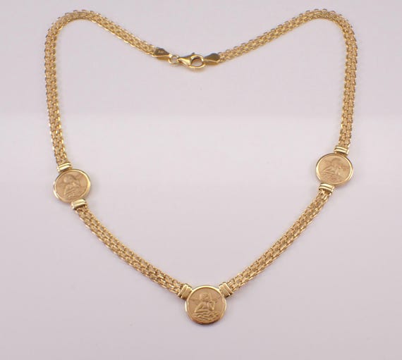 Vintage 14K Yellow Gold Angel Necklace: Antique Choker Station Pendant and Chain