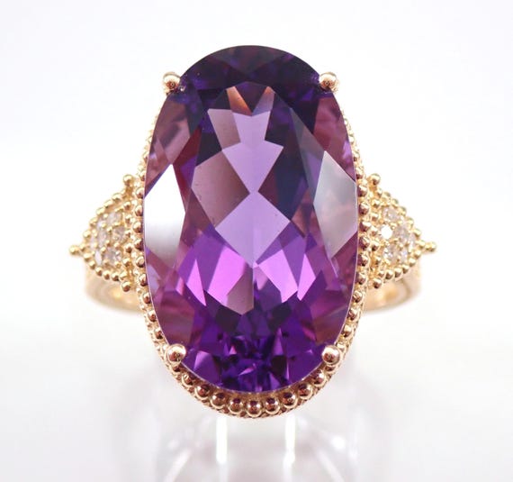 14K Yellow Gold Amethyst Ring - Large Vintage Style Diamond Setting - February Gemstone Fine Jewelry Gift