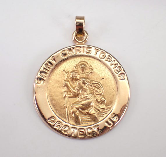 Vintage 14K Yellow Gold Miraculous Medal Charm - Religious Saint Christopher Disk Pendant for Necklace or Bracelet