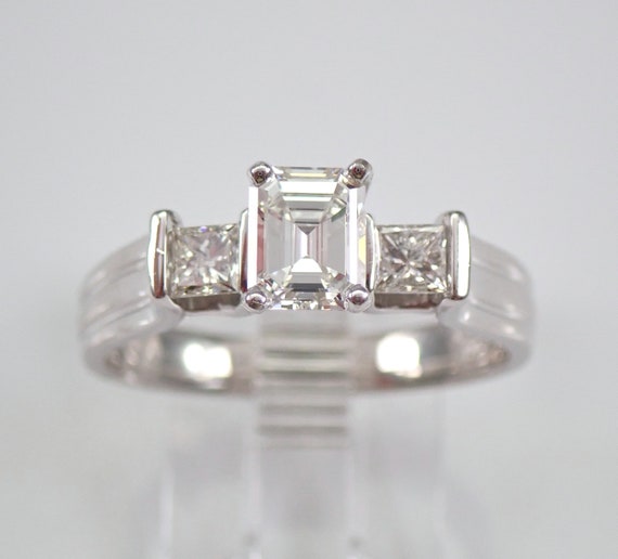 Three Stone Emerald Cut Engagement Ring, 14K White Gold Princess Cut Bridal Jewelry