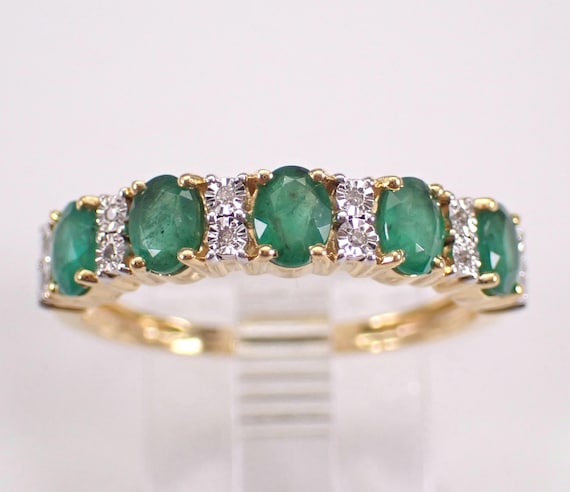 Yellow Gold Emerald Wedding Ring - Stackable Diamond Anniversary Band - Gemstone Bridal Fine Jewelry Gift