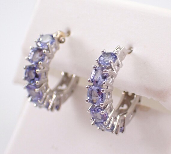 14K White Gold Tanzanite Hoop Earrings - Dainty Gemstone Huggies - December Birthstone Fine Jewelry Gift
