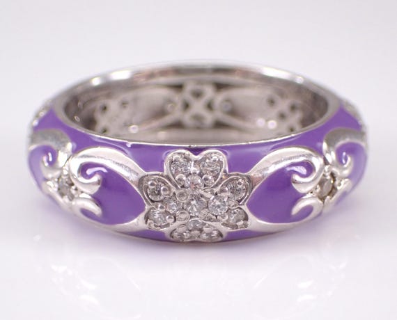 Vintage HIDALGO Purple Enamel Wedding Band - Sterling Silver Stackable CZ Eternity Ring - Bridal Anniversary Fine jewelry