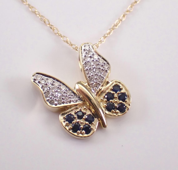 Yellow Gold Sapphire and Diamond Butterfly Necklace: Dainty Charm Pendant and Choker Chain