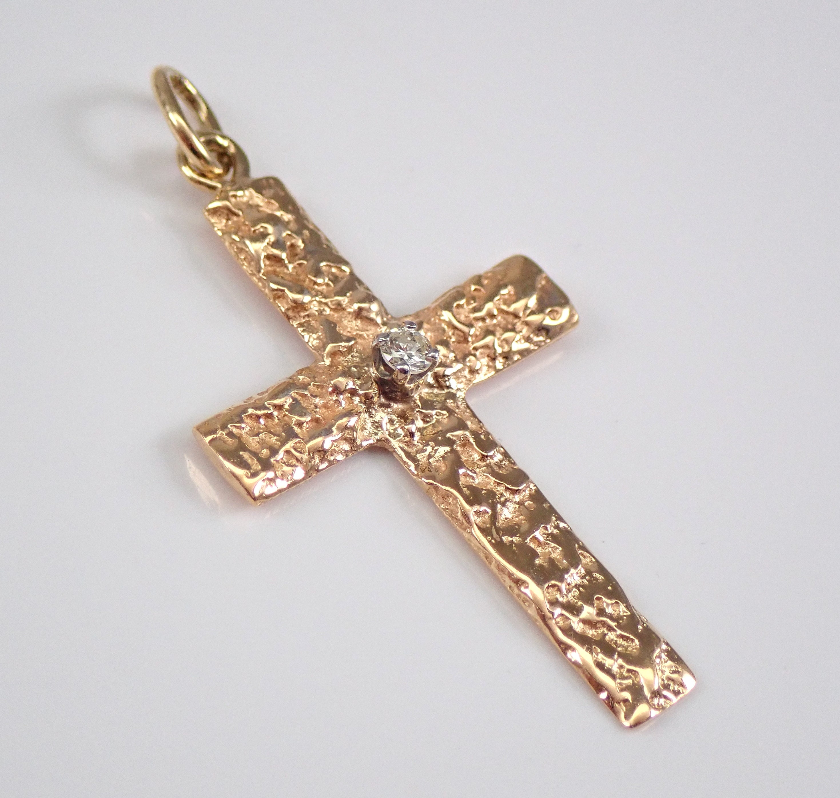 Vintage 14K Yellow Gold Diamond Nugget Cross Pendant Religious