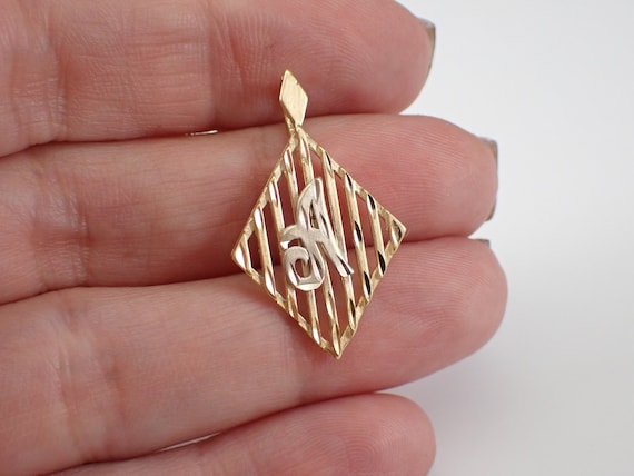 Vintage A Initial Pendant Charm, Antique 14K Yellow Gold Open Rhombus Dog Tag for Necklace or Bracelet
