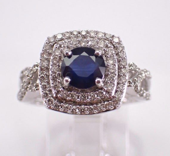 Sapphire and Diamond Engagement Ring, White Gold Diamond Halo Setting,  Bridal Jewelry Gemstone Gift