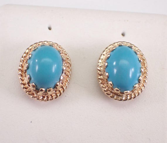 Vintage 14K Yellow Gold Turquoise Stud Earrings: Estate Dainty Braided Setting