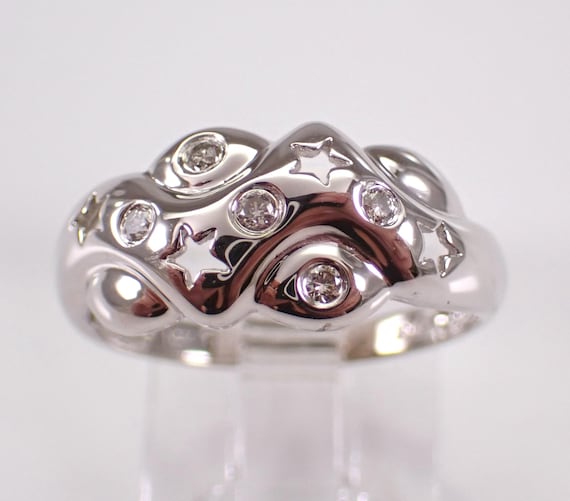 14K White Gold Diamond STAR Ring - Unique Wedding Anniversary Band - Engagement Promise Jewelry Gift