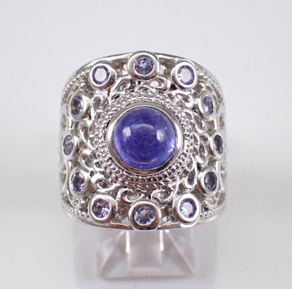 Vintage Sterling Silver Tanzanite Ring - Purple Cabochon Gemstone Large Band - GalaxyGems Unique Estate Jewelry Gift