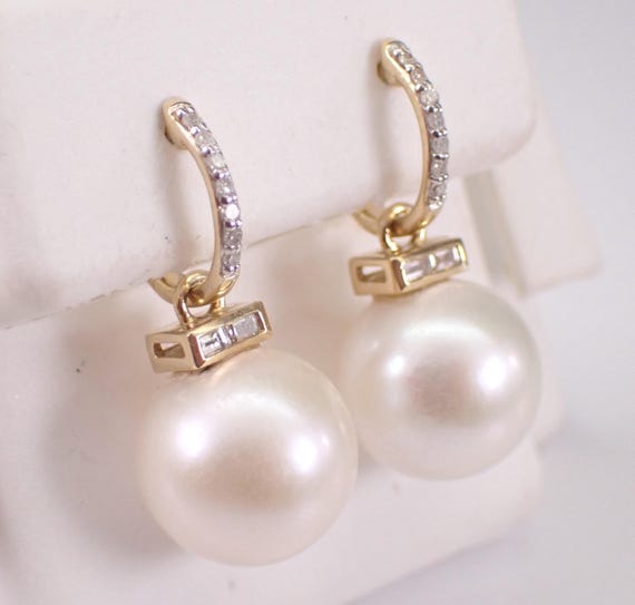 14K Yellow Gold Pearl and Diamond Earrings: Unique Baguette Charm Dangle Hoop Drops
