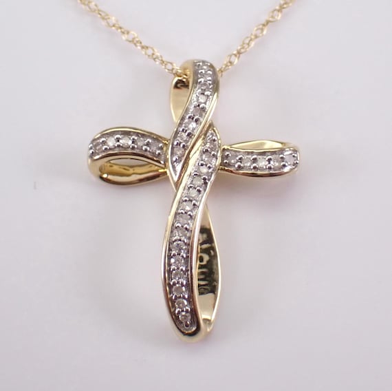Yellow Gold Diamond Cross Pendant, Dainty Religious Charm Necklace, Crossover Crucifix Drop on Chain