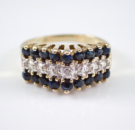 Vintage Sapphire and Diamond Wedding Ring - Solid 14K Yellow Gold Pyramid Anniversary Band - September Birthstone Pinky Jewelry