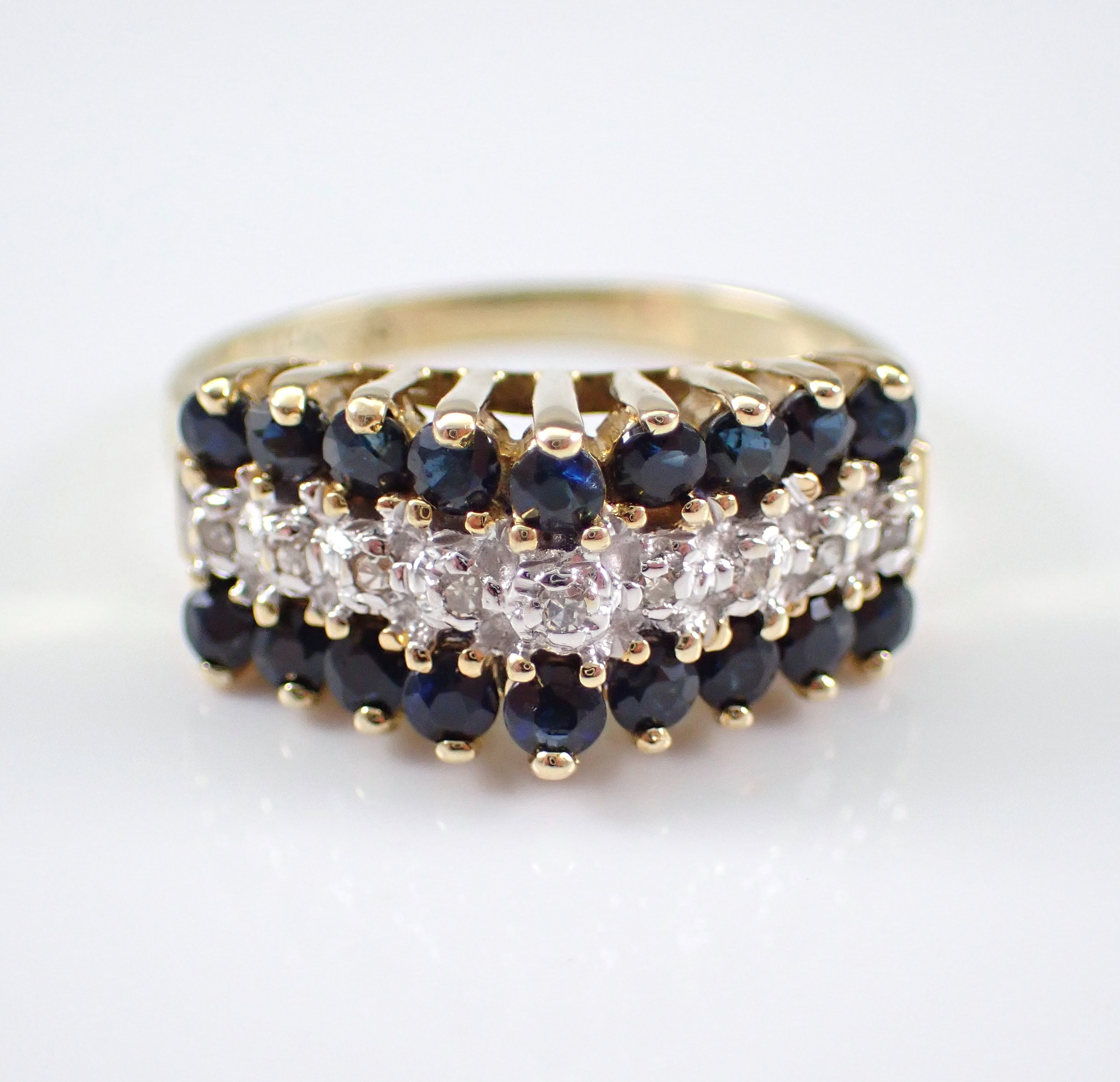 Vintage Sapphire and Diamond Wedding Ring Solid 14K Yellow Gold
