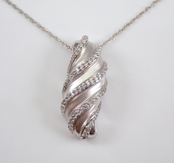 Unique Genuine Diamond Pendant - White Gold Slide Charm Necklace - Modern Satin Finish  Fine Jewelry Gift